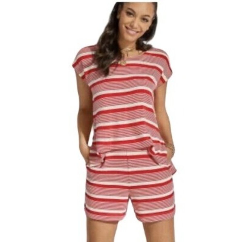 Cabi Leisure Playsuit Red striped One-Piece Romper Shorts Cut-Out Back Size L
